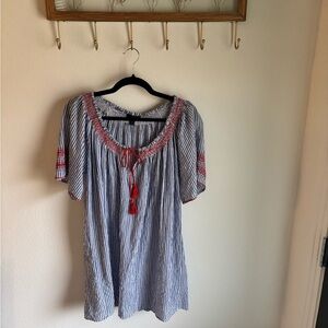 Preppy Boho J. Crew Blue & White Striped Mini Dress w/ Red Embroidery size Med